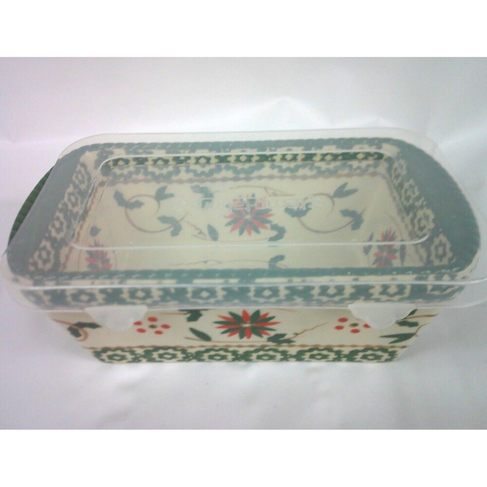 Temptations Old World Ovenware Mini Loaf Pan Green Poinsettia w Lid Christmas - Picture 2 of 4
